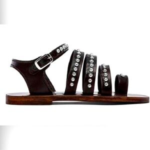 ANINE BING Black Leather Strappy Sandals Sz 8 Silver Studded Toe Ring Gladiator